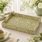 Olive Green Morris Floral Plastic Serving Tray – Vine Scrollwork featuring full-color printed artwork with gold-painted rim and matching handles.
