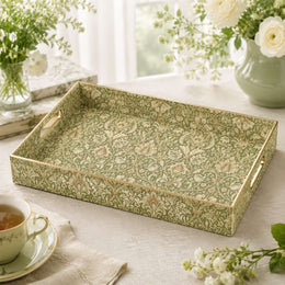 Olive Green Morris Floral Plastic Serving Tray – Vine Scrollwork featuring full-color printed artwork with gold-painted rim and matching handles.