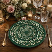Decorative charger plate on a linen table.