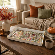 White tray with gold trim featuring autumn paisley leaf pattern in olive green and gold