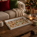 White tray with gold trim featuring Christmas gingerbread cookie candy cane and lollipop pattern