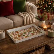 White tray with gold trim featuring Christmas gingerbread cookie candy cane and lollipop pattern
