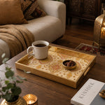 Islamic Geometric Gold Decorative Tray with Crescent Medallions | Minti Home styled on a console table with a ceramic mug and books beside a brass lamp.