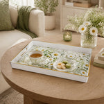 White tray with gold trim featuring white daisy and green meadow wildflower botanical floral design