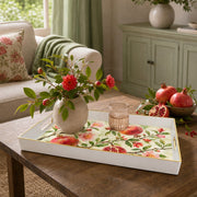White tray with gold trim featuring watercolor pomegranate branch and cherry blossom design
