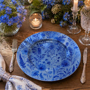 All-over blue wildflower meadow pattern of cosmos, lavender, and delphinium on a round blue decorative charger plate for garden brunch table decor.

Plate type: electroplated (blue)