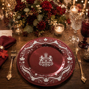 Decorative charger plate on a linen table.