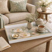 White tray with gold trim featuring pink poppy and vintage lace botanical floral design