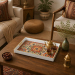 White tray with gold trim featuring colorful bohemian mandala and paisley motif design