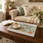 White tray with gold trim featuring vintage cottage rose peony and cosmos sage floral pattern
