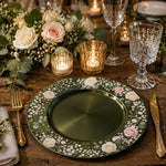 Green Floral Charger Plate with White Roses Border – Romantic Garden Table Decor Set - MintiHome