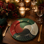 Decorative charger plate on a linen table.