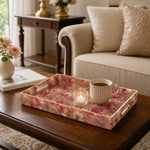 Blush Pink Maple Leaves Rectangular Tray | Romantic Home Decor Gift styled on a coffee table with books, a candle, and decorative accessories.