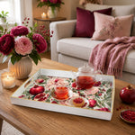 White tray with gold trim featuring watercolor pomegranate peony and berry botanical pattern