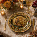 Decorative charger plate on a linen table.