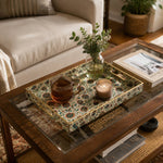 Cream Paisley Block Print Rectangular Tray | Boho Home Decor Gift styled on a coffee table with books, a candle, and decorative accessories.