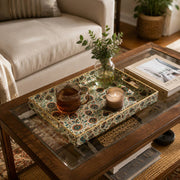 Cream Paisley Block Print Rectangular Tray | Boho Home Decor Gift styled on a coffee table with books, a candle, and decorative accessories.