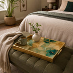 Teal Marble Glass Serving Tray with Gold Veining, Modern Decor - MintiHome