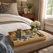 Blue Iris Floral Glass Serving Tray with Gold Botanical Frame - MintiHome