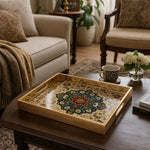 Persian Mandala Glass Serving Tray with Gold Frame - MintiHome