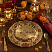 Decorative charger plate on a linen table.