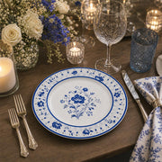White porcelain decorative charger plate with cobalt blue Delft-style peony and lattice botanical border for classic tables.