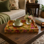 Mustard Yellow Floral Rectangular Tray | Home & Wedding Decor styled on a coffee table with books, a candle, and decorative accessories.