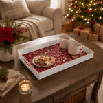 White tray with gold trim featuring red Christmas snowflake reindeer and pine tree pattern