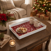 White tray with gold trim featuring red Christmas snowflake reindeer and pine tree pattern