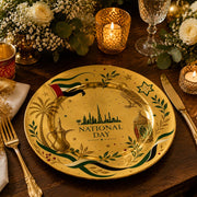 Decorative charger plate on a linen table.