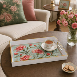 White Gold Red Carnation Vintage Floral Tray Sage Green Botanical - MintiHome