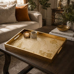 Middle East Skyline Glass Serving Tray – Mosque Towers displayed on a dining table with a porcelain teapot and fresh flowers, vintage cabinet in background.