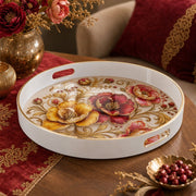 White tray with gold trim featuring embroidered-style red and yellow poppies with gold leaves