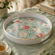 White tray with gold trim featuring vintage cottage rose peony and cosmos sage floral pattern