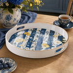 White tray with gold trim featuring blue striped botanical with yellow peony and white floral design