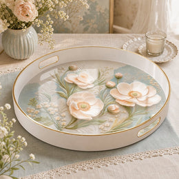 White Gold Pink Poppy and Vintage Lace Botanical Floral Tray - MintiHome