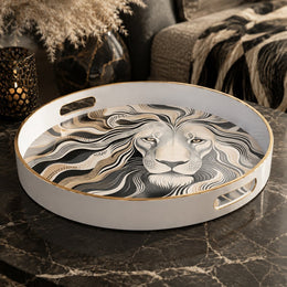 White Gold Stylized Lion Face Decorative Tray Modern Boho Animal - MintiHome