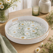 White tray with gold trim featuring white daisy and green meadow wildflower botanical floral design
