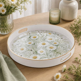 White Daisy Wildflower Meadow Decorative Tray with Gold Trim - MintiHome