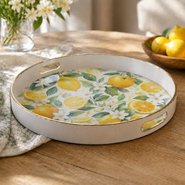Watercolor Lemon and Orange Blossom Decorative Tray with Gold Trim - MintiHome