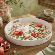 White tray with gold trim featuring watercolor pomegranate branch and cherry blossom design