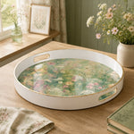White tray with gold trim featuring watercolor wildflower meadow with pink and white botanical pattern