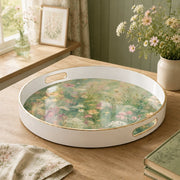 White tray with gold trim featuring watercolor wildflower meadow with pink and white botanical pattern