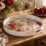 White tray with gold trim featuring watercolor pomegranate peony and berry botanical pattern