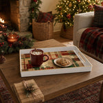 White tray with gold trim featuring rustic Christmas plaid patchwork in red green and cream