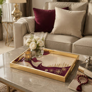 Qatar Flag Wind Glass Serving Tray – Falcon Skyline displayed on a dining table with a porcelain teapot and fresh flowers, vintage cabinet in background.