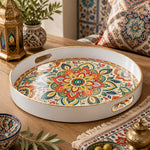 White tray with gold trim featuring colorful bohemian mandala and paisley motif design