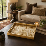 Middle East Tribal Geometric Glass Serving Tray – Camels displayed on a dining table with a porcelain teapot and fresh flowers, vintage cabinet in background.