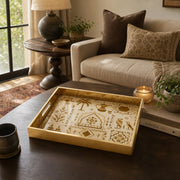 Middle East Tribal Geometric Glass Serving Tray – Camels displayed on a dining table with a porcelain teapot and fresh flowers, vintage cabinet in background.