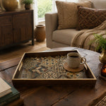 Moroccan Tile Decorative Tray with Dark Wood Frame and Gold Handles | Minti Home displayed on a dining table with a porcelain teapot and fresh flowers, vintage cabinet in background.